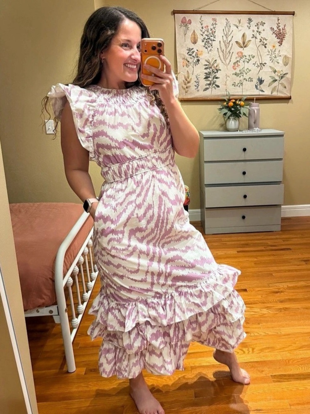 Saylor Zenith Abstract Cotton Ruffle Midi Dress in purple  & White Size Small